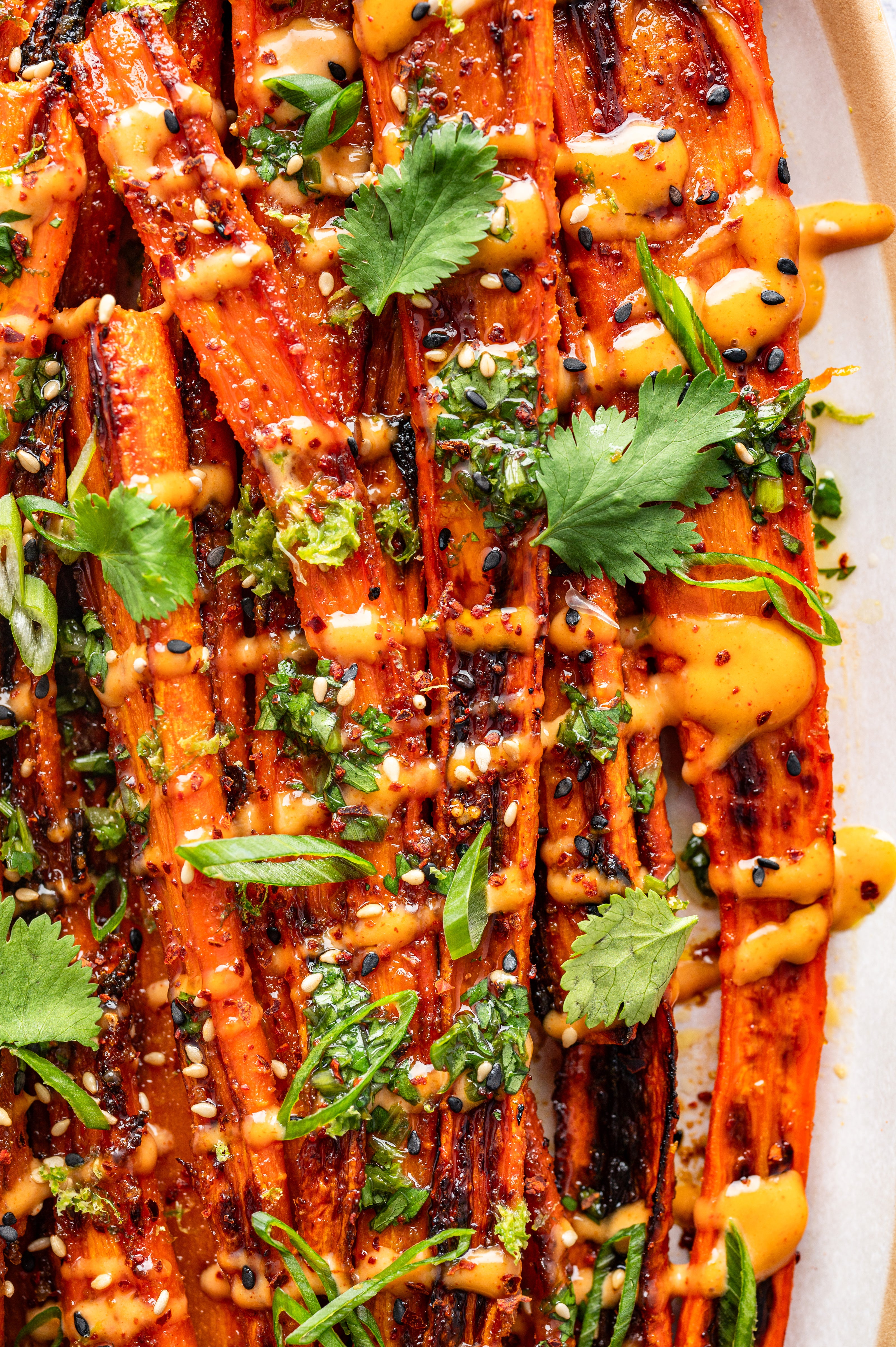 honey roasted carrots with gochujang and herbs